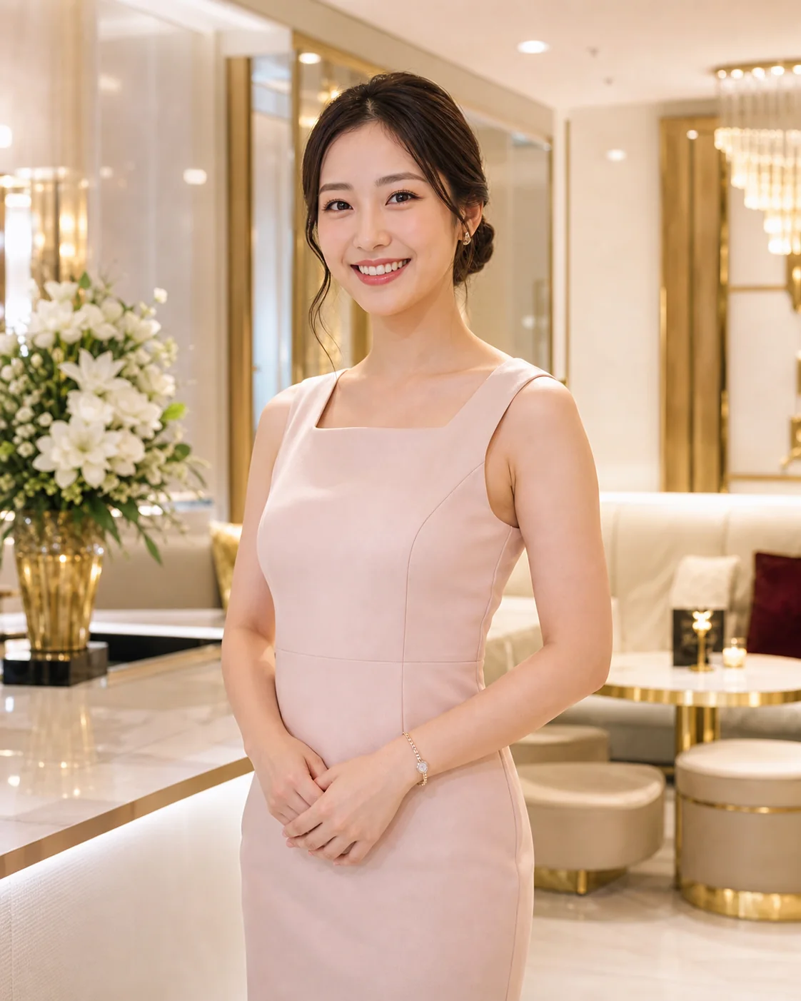 明るいラウンジに立つ現代的なフォーマルドレス姿の女性スタッフ