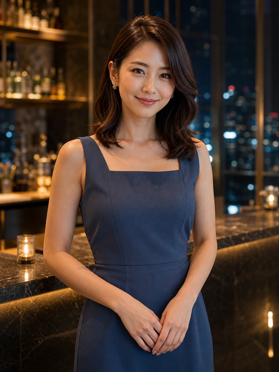 スレートブルーのフォーマルドレスを着た女性スタッフ