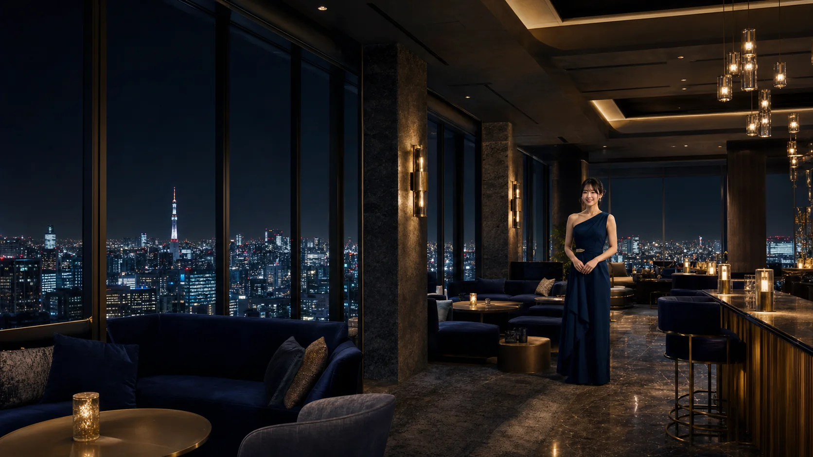 東京の夜景を望むネイビーと真鍮の高層階ラウンジ