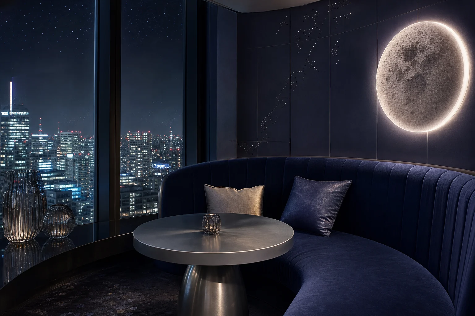 星と都市の夜景を望むVIPラウンジ