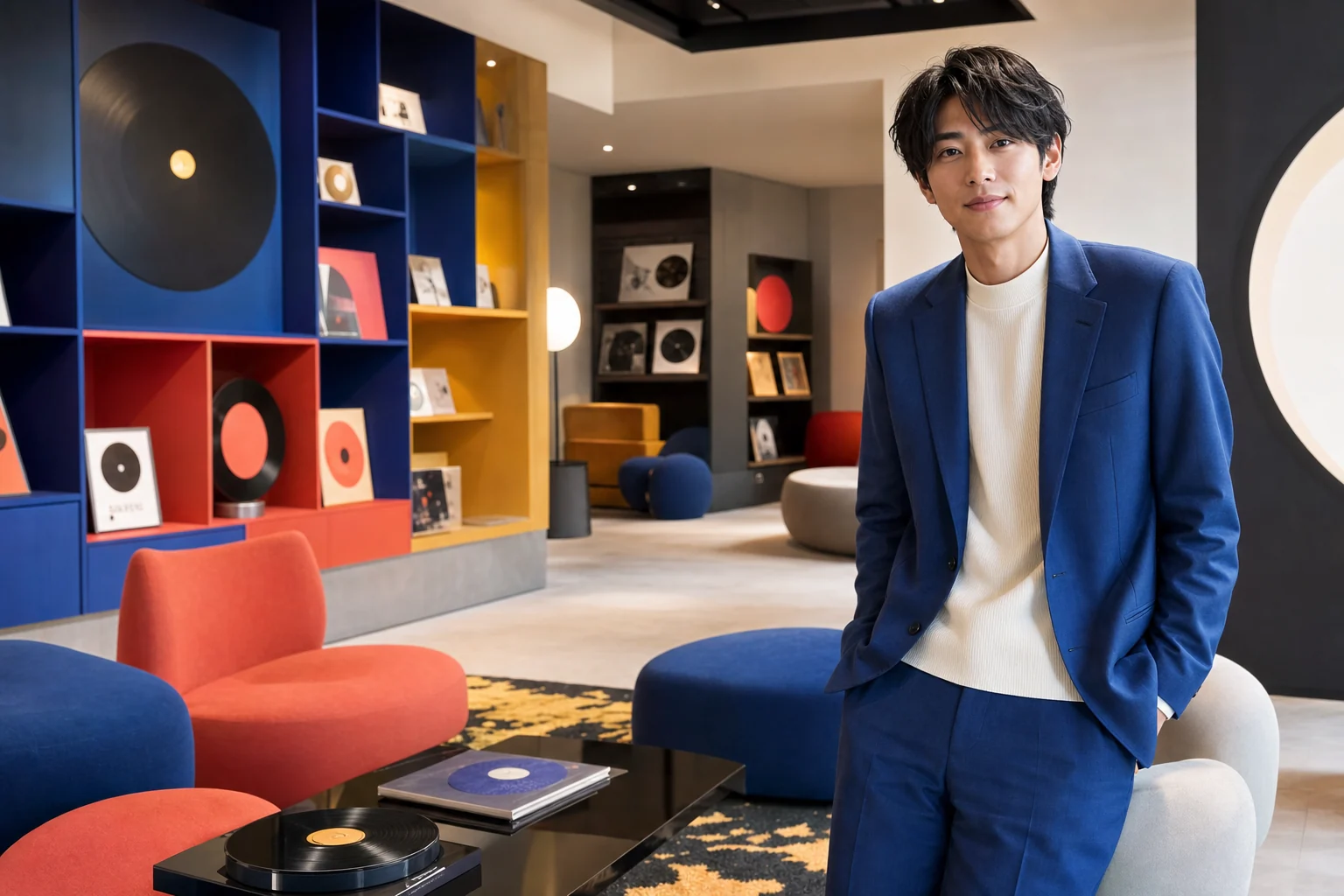 カラフルな現代ラウンジに立つ日本人男性ホスト