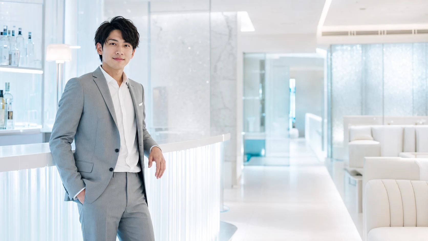 白と透明アクリルの店内に立つKYABEL ICEのPLAYER