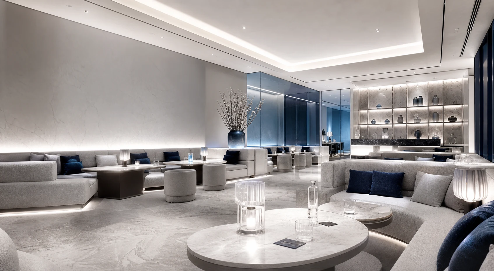 白とスモーキーブルーで整えたメインフロア（架空）