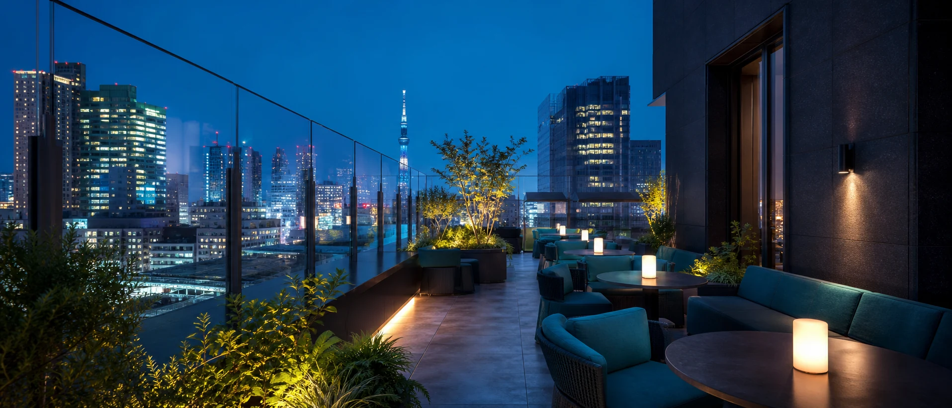 街の灯を望むテラスの夜景